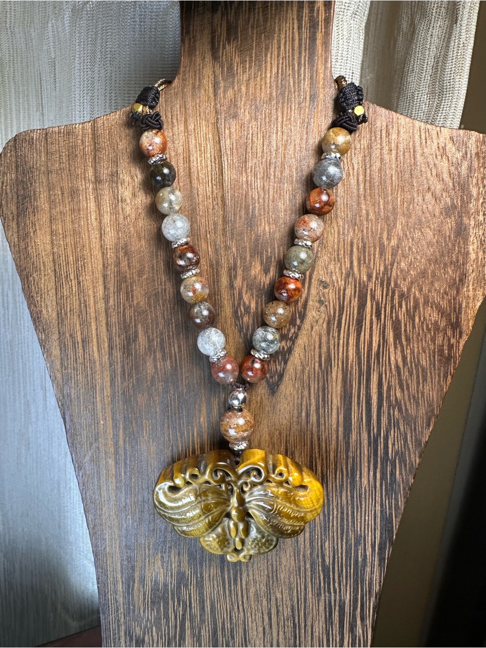 Tiger’s Eye Moth Pendant Necklace on Half Beaded Brown Adjustable Rope - Picture 7 of 15